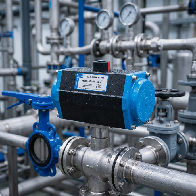 Actuador neumático CCA instalado en sistema de tuberías de planta industrial.