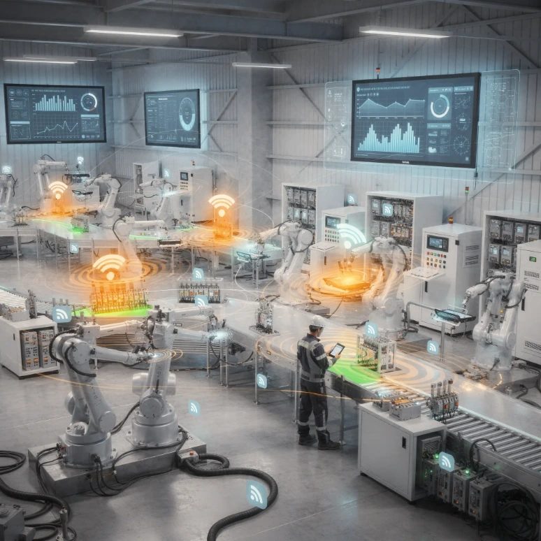 Red WiFi industrial conectando equipos de automatización en tiempo real