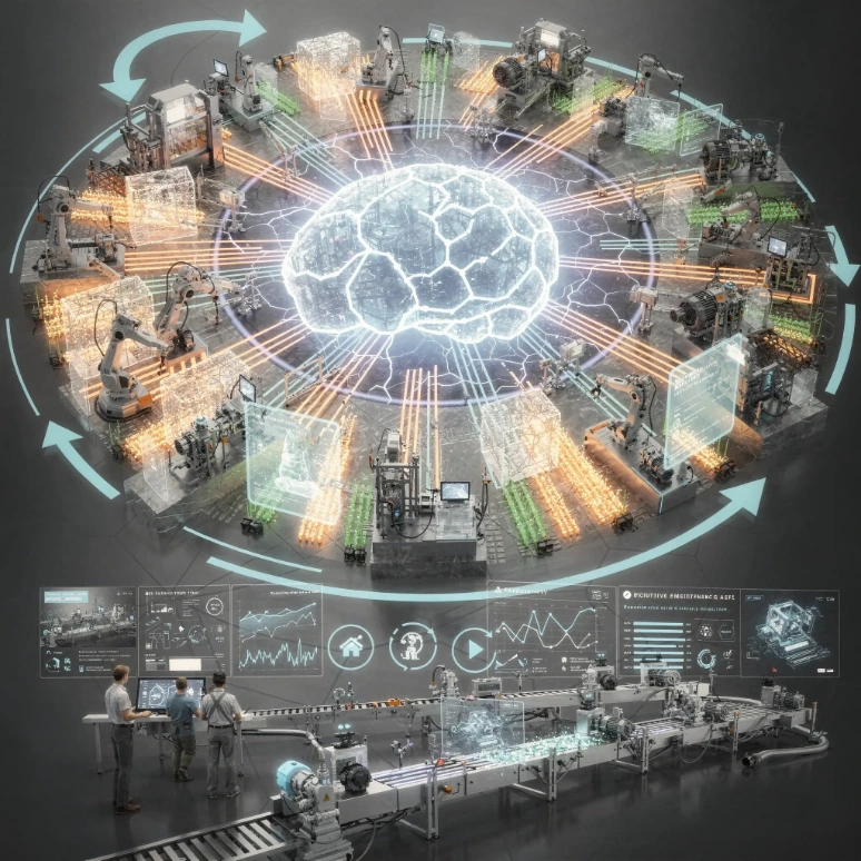Inteligencia artificial procesando datos de sensores para optimización industrial