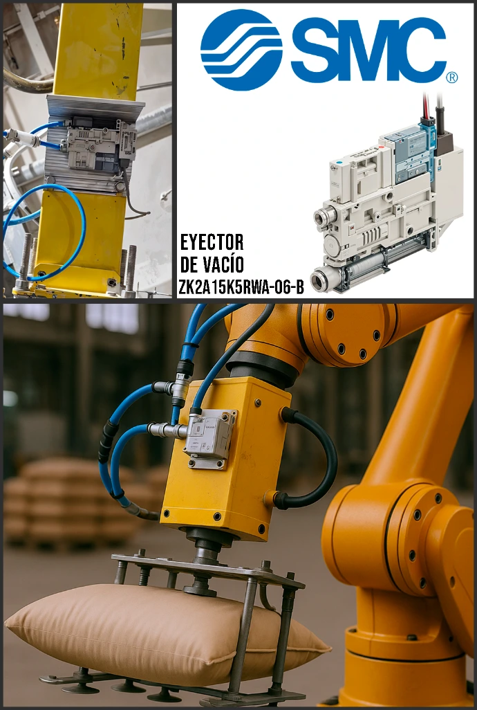 Brazo robótico equipado con eyector de vacío SMC ZK2 manipulando sacos de cemento en ambiente polvoriento.