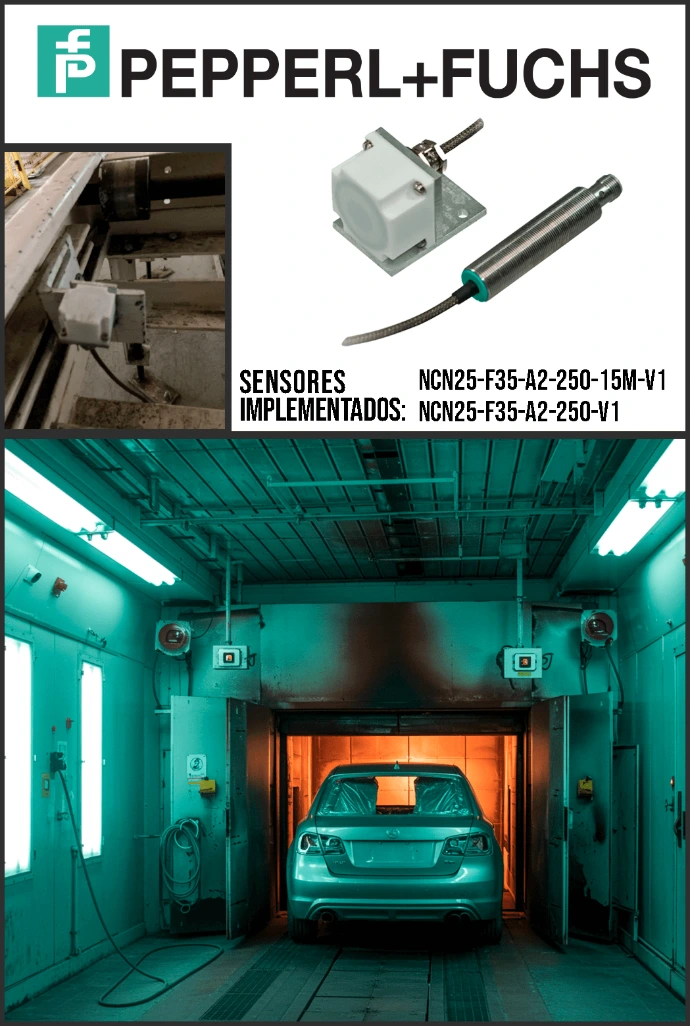 Sensor inductivo Pepperl+Fuchs serie NCN25 instalado en salida de horno de pintura automotriz de alta temperatura.