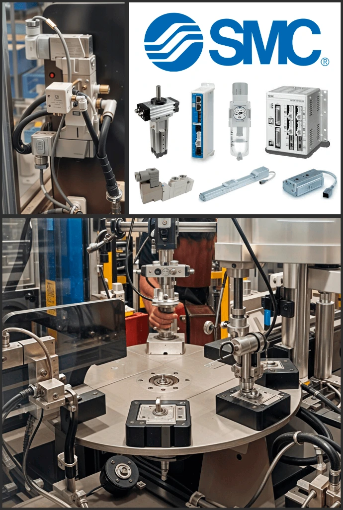 Celda de ensamble automatizada para cerraduras utilizando actuadores eléctricos SMC y PLC Delta en mesa indexada.