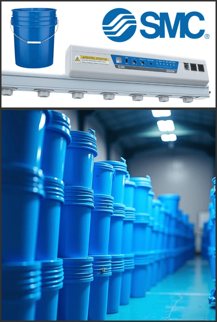 Barra ionizadora SMC IZS eliminando estática en línea de paletizado de cubetas de plástico.