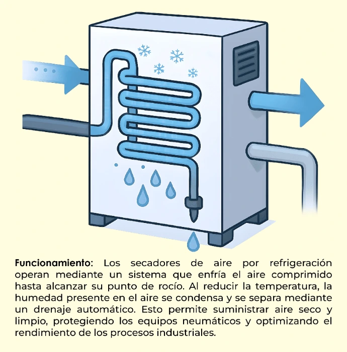 Ilustración del proceso de enfriamiento y separación de condensado para lograr el punto de rocío óptimo.