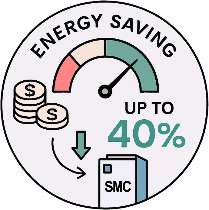 Icono de eficiencia energética mostrando hasta 40% de ahorro en costos operativos con secadores SMC.