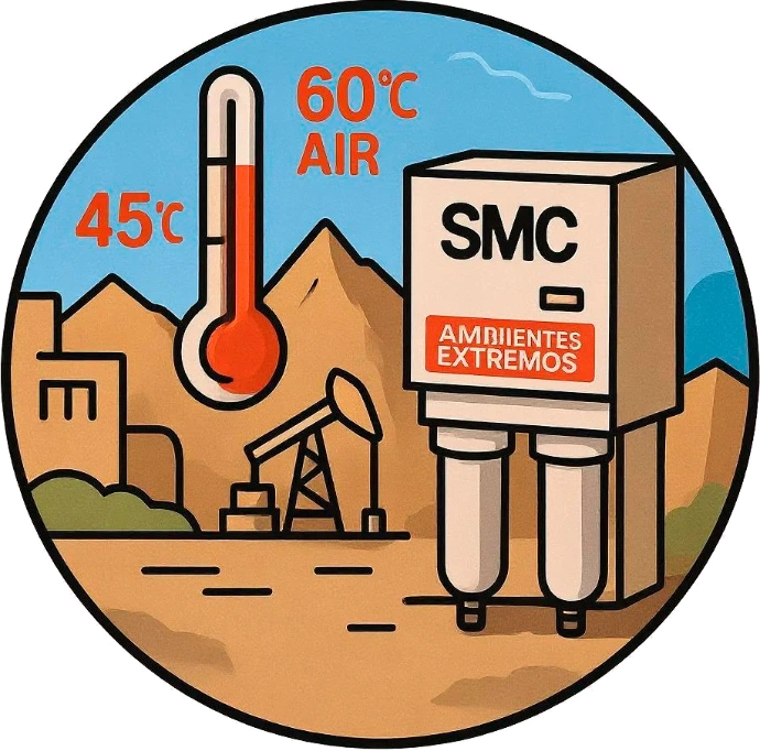 Secador SMC diseñado para ambientes extremos, soporta aire de entrada a 60°C y temperatura ambiente de 45°C.