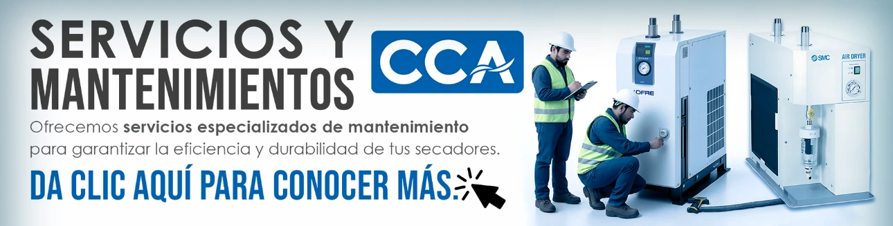 Técnico especialista de CCA realizando servicio de mantenimiento y limpieza a condensador de secador industrial.
