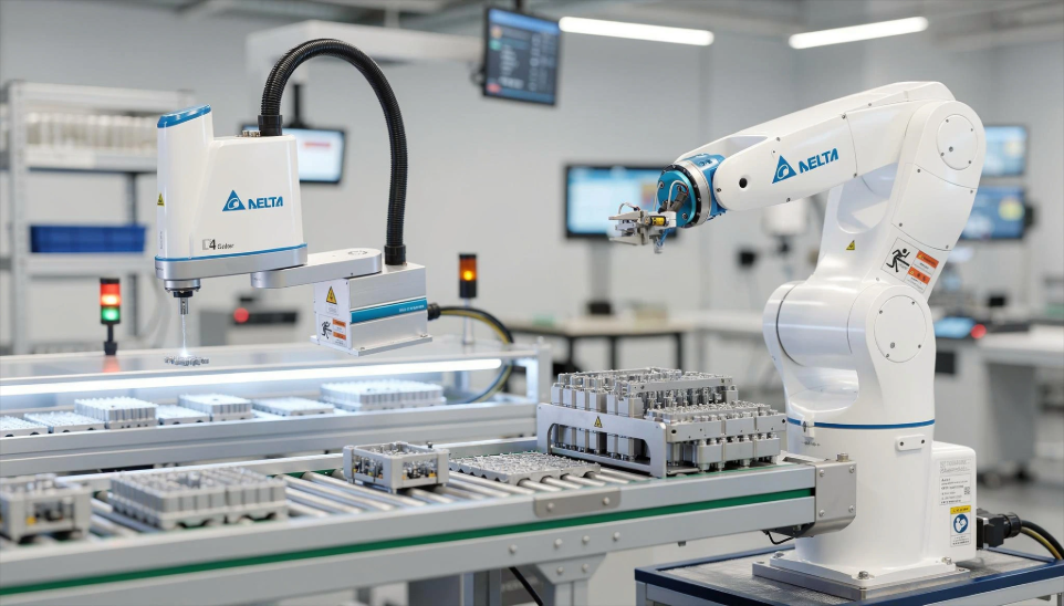 Brazo robótico Delta Electronics operando en línea de producción automatizada de alta velocidad.