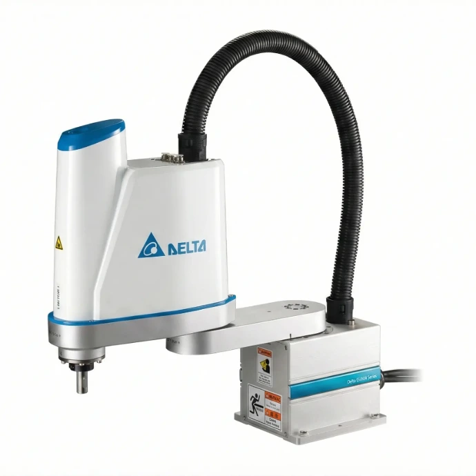 Robot SCARA Delta serie DRS realizando operación de pick and place de alta velocidad en ensamble electrónico.