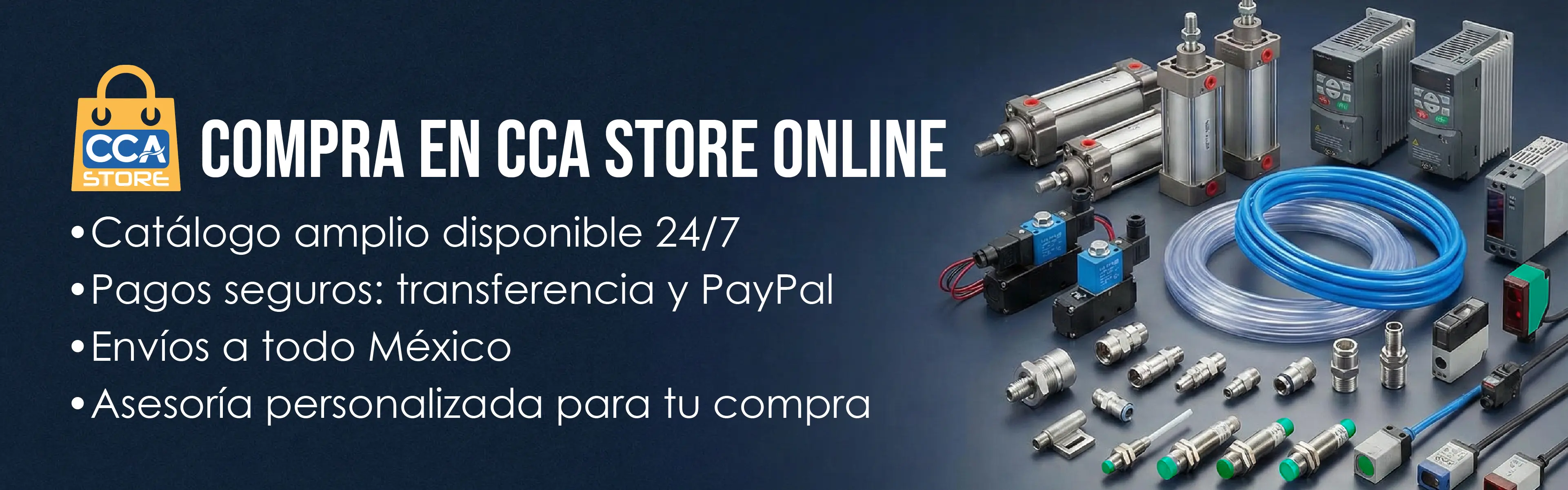 Banner tienda en línea de CCA con robots y equipos de automatización industrial en operación