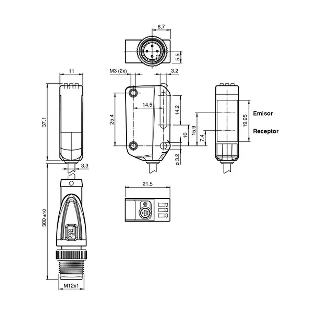 Sensor Fotoeléctrico de Triangulación OBT300-R100-2EP-IO-0,3M-V1-L P+F2.webp